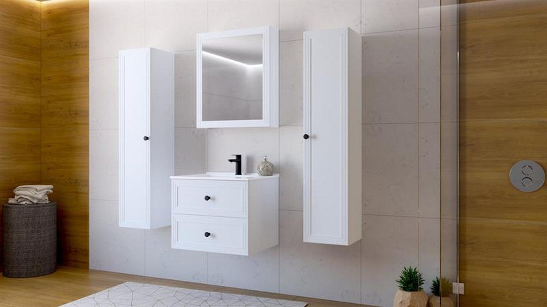 Dulap baie TORETO, alb mat, PAL laminat, cu oglinda, 60x15x70 cm