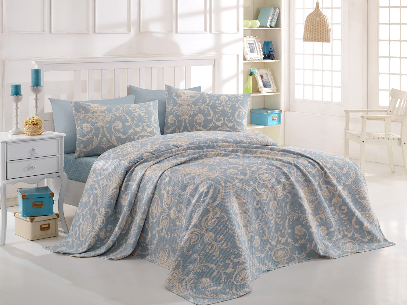 Set cuvertura pat TUVAL, albastru, bumbac, 160x235 cm, cu cearsaf si fata de perna