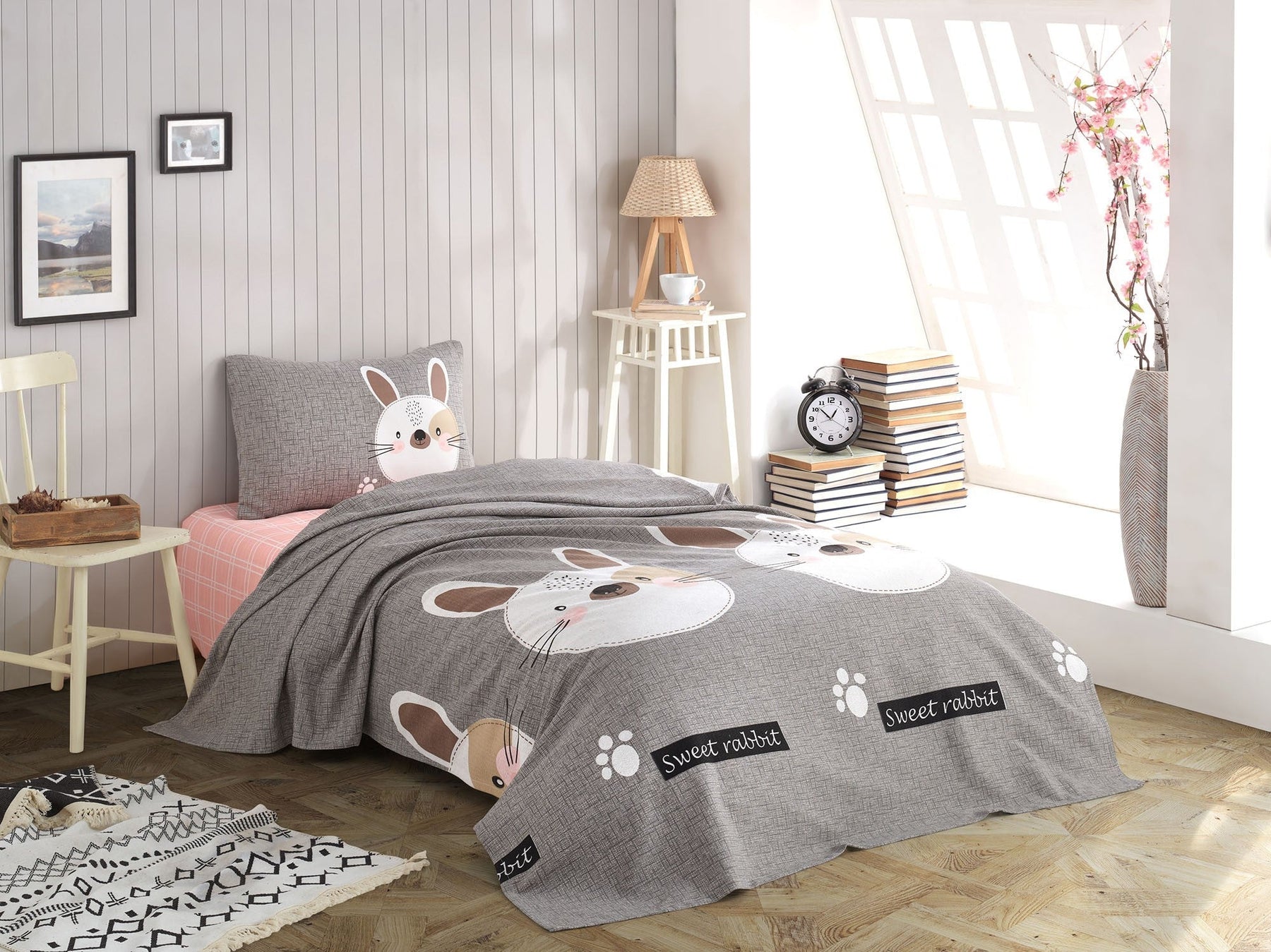 Set cuvertura pat 143EPJ5947, gri, bumbac, 160x235 cm, cu cearsaf si fata de perna
