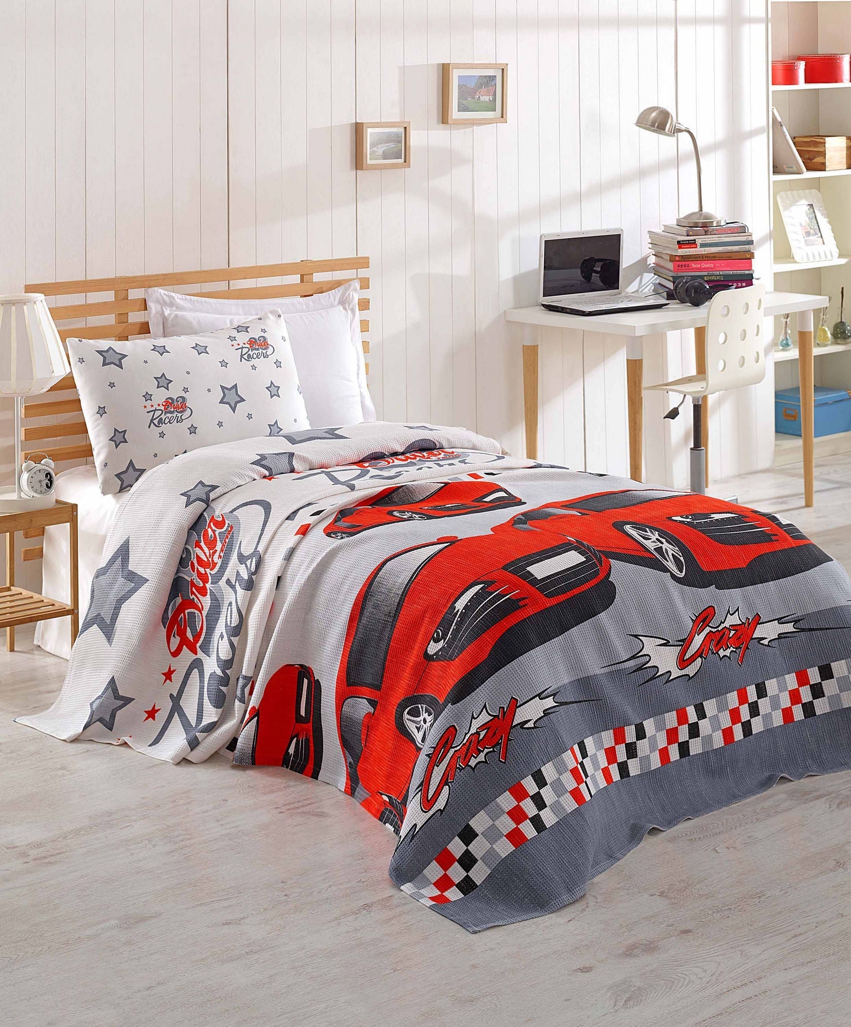 Set cuvertura pat CRAZY, rosu, bumbac, 160x230 cm, cu fata de perna