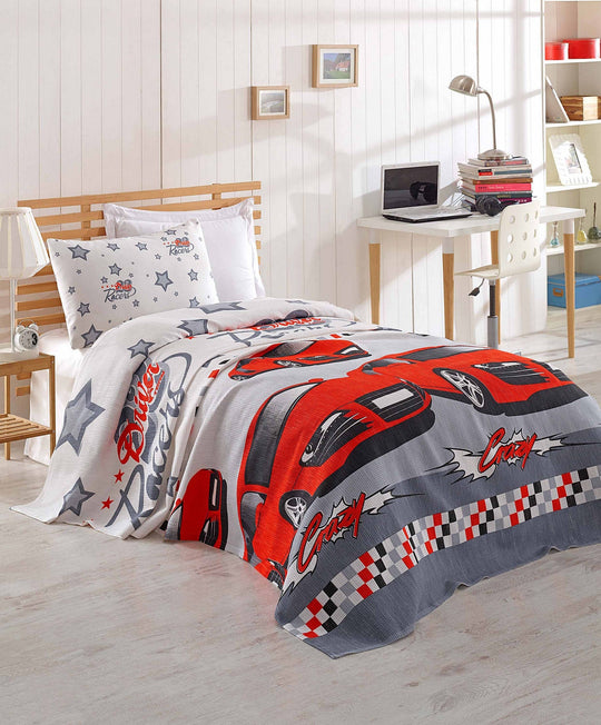 Set cuvertura pat CRAZY, rosu, bumbac, 160x230 cm, cu fata de perna