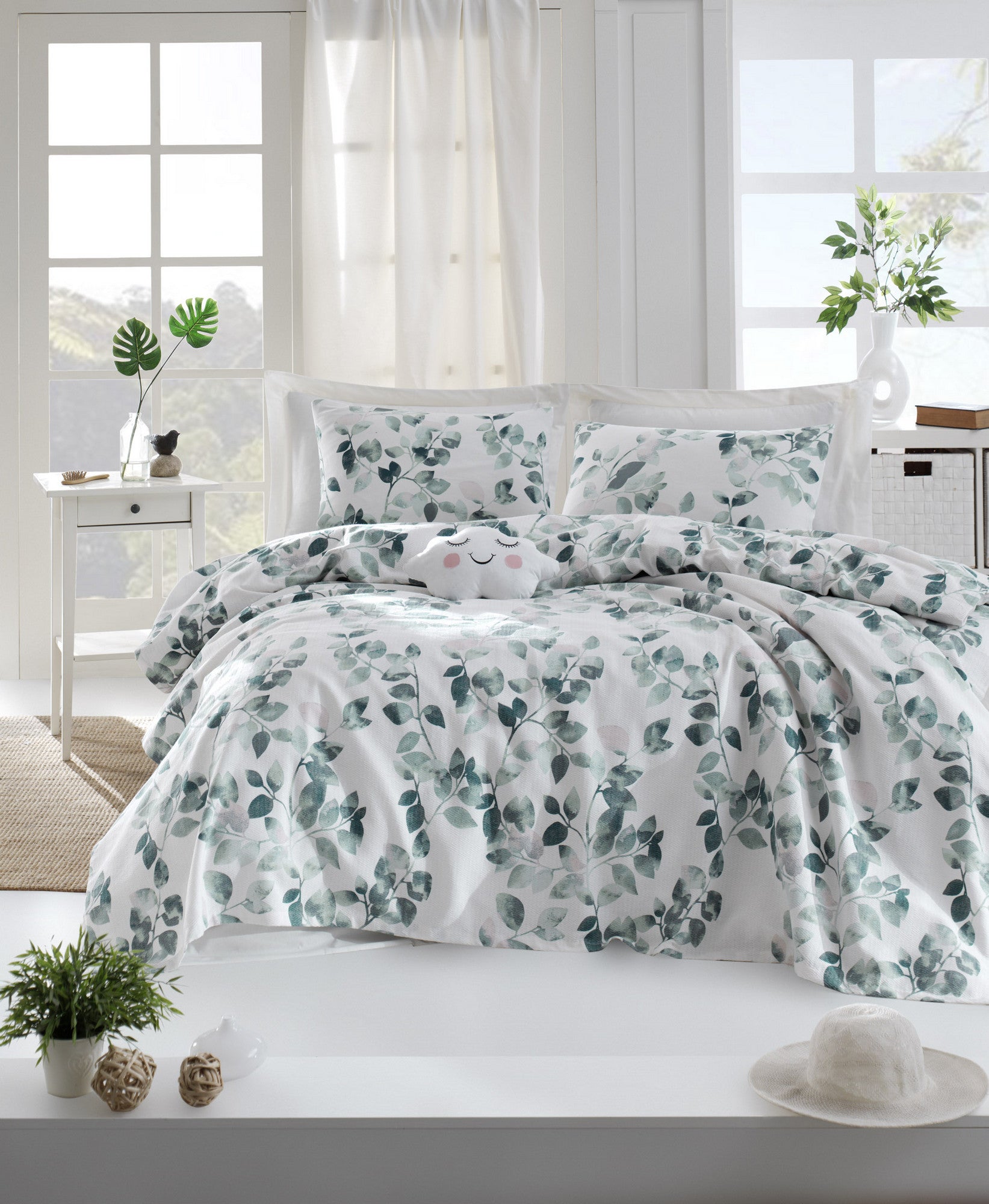 Set cuvertura pat SABINE, alb/verde, bumbac, 160x235 cm, cu cearsaf si fata de perna