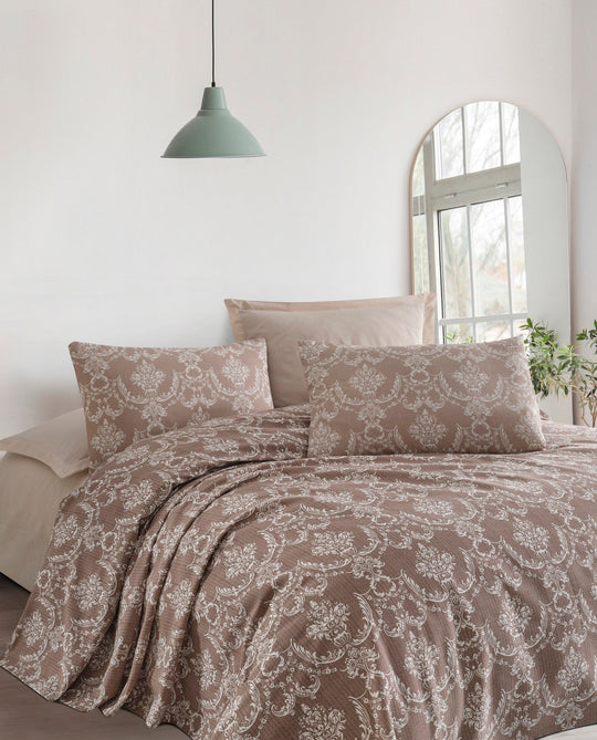 Set cuvertura pat PURE, maro, bumbac, 160x235 cm, cu cearsaf si fata de perna