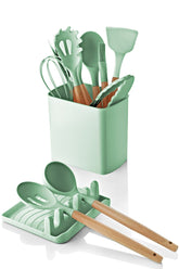 Set 11 ustensile cu suport si cutie C-SLC1301, verde deschis/stejar, plastic/lemn