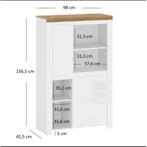 Comoda VIGO 2D, alb lucios/stejar wotan, PAL laminat, 98x42x157 cm