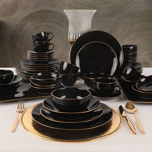 Set cina 275KRM1663, 44 piese, negru cu insertii aurii, 100% gresie ceramica