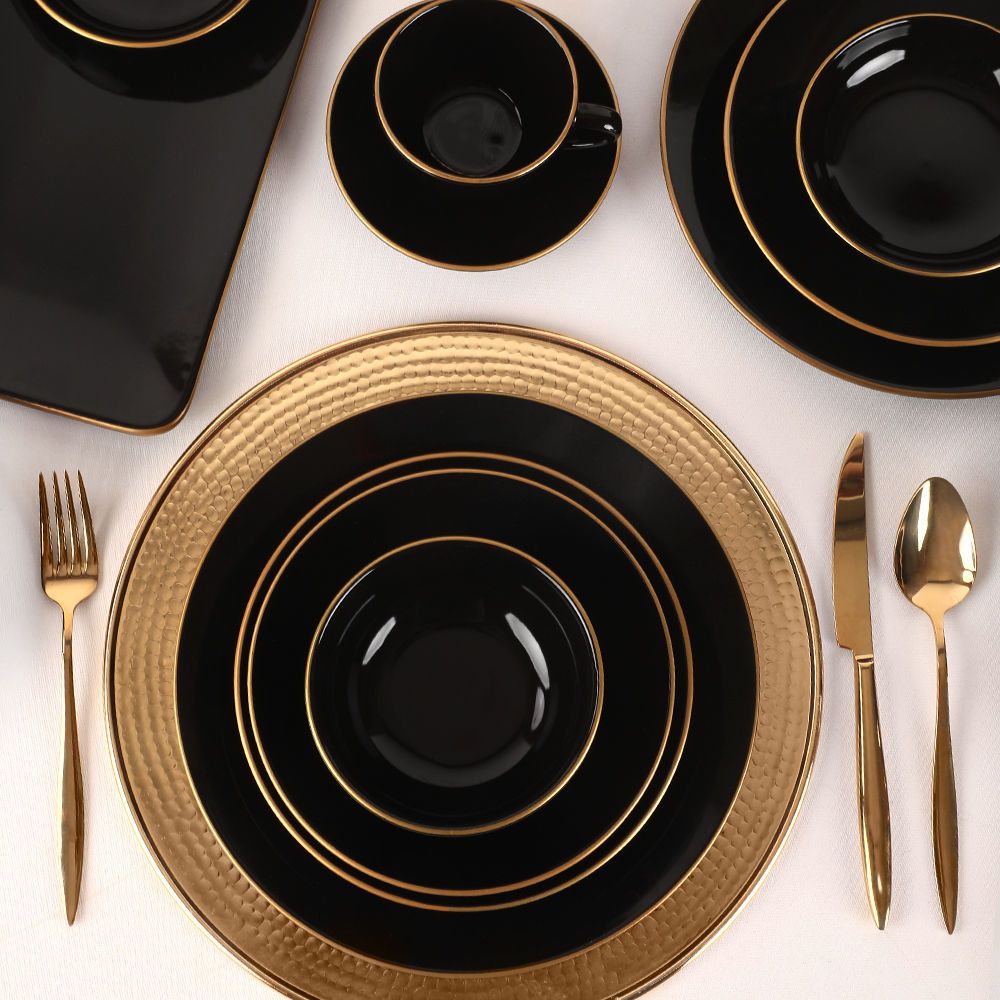 Set cina 275KRM1663, 44 piese, negru cu insertii aurii, 100% gresie ceramica