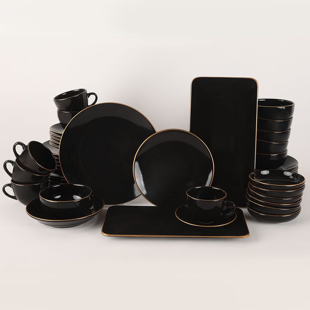 Set cina 275KRM1663, 44 piese, negru cu insertii aurii, 100% gresie ceramica