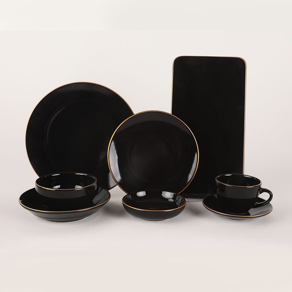 Set cina 275KRM1663, 44 piese, negru cu insertii aurii, 100% gresie ceramica