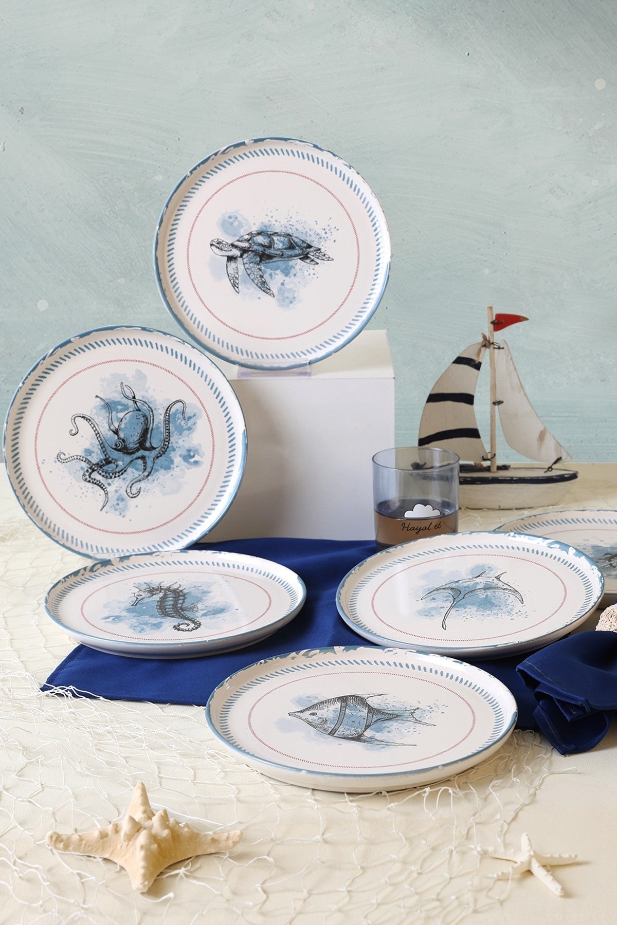 Set 6 farfurii 275KRM2321, alb/albastru, ceramica, 22 cm