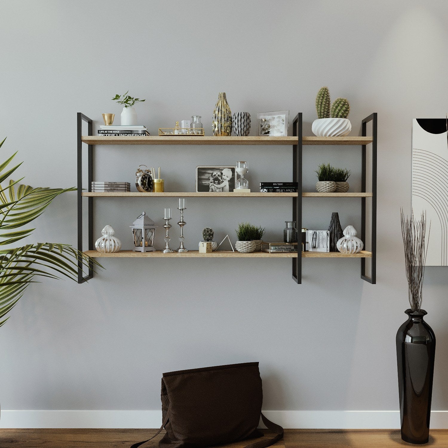 Raft WEIDEN L2026, stejar/negru, PAL melaminat/metal, 140x25x90 cm