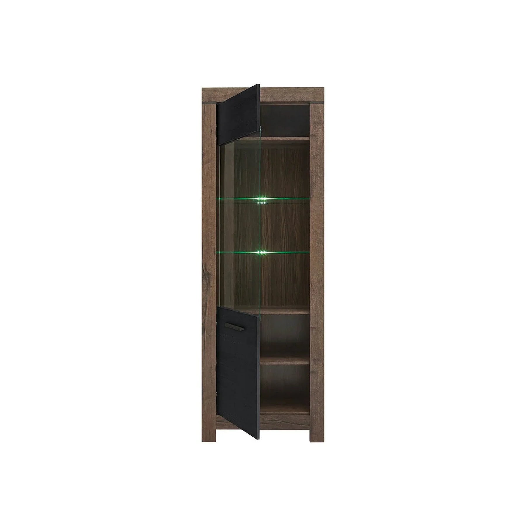 Vitrina BALIN, stejar/negru, PAL/sticla, cu iluminare LED, 68x40x197 cm