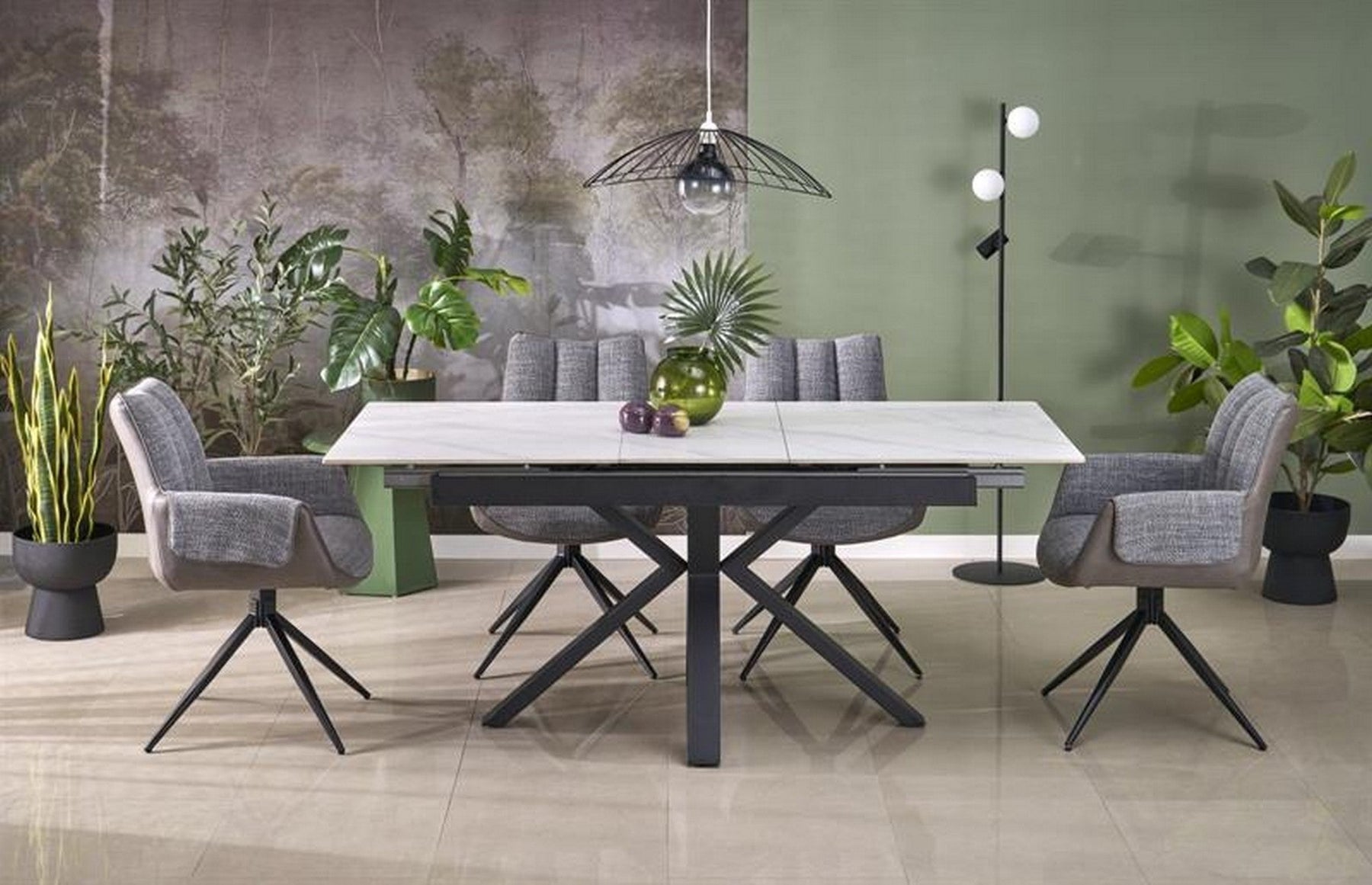Masa extensibila PLATAN, alb cu efect de marmura/negru, piatra sinterizata/otel, 140/180x85x76 cm