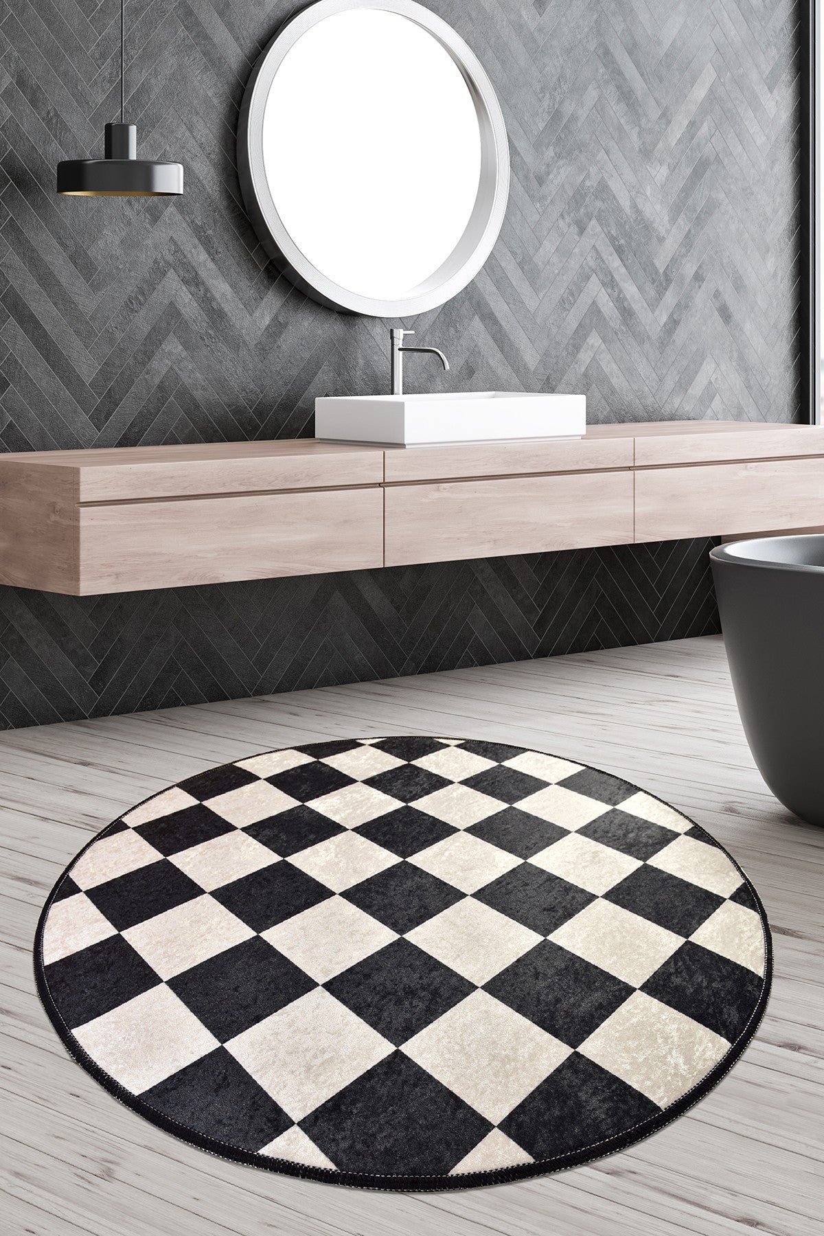 Covoras baie DAMA, 100x100 cm, forma rotunda, poliester, alb/negru
