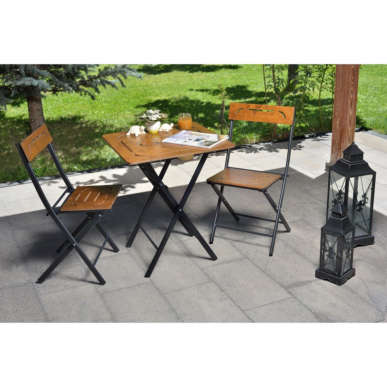 Set masa si scaune 379VLV1503, metal, nuc/negru, 60x73x60 cm
