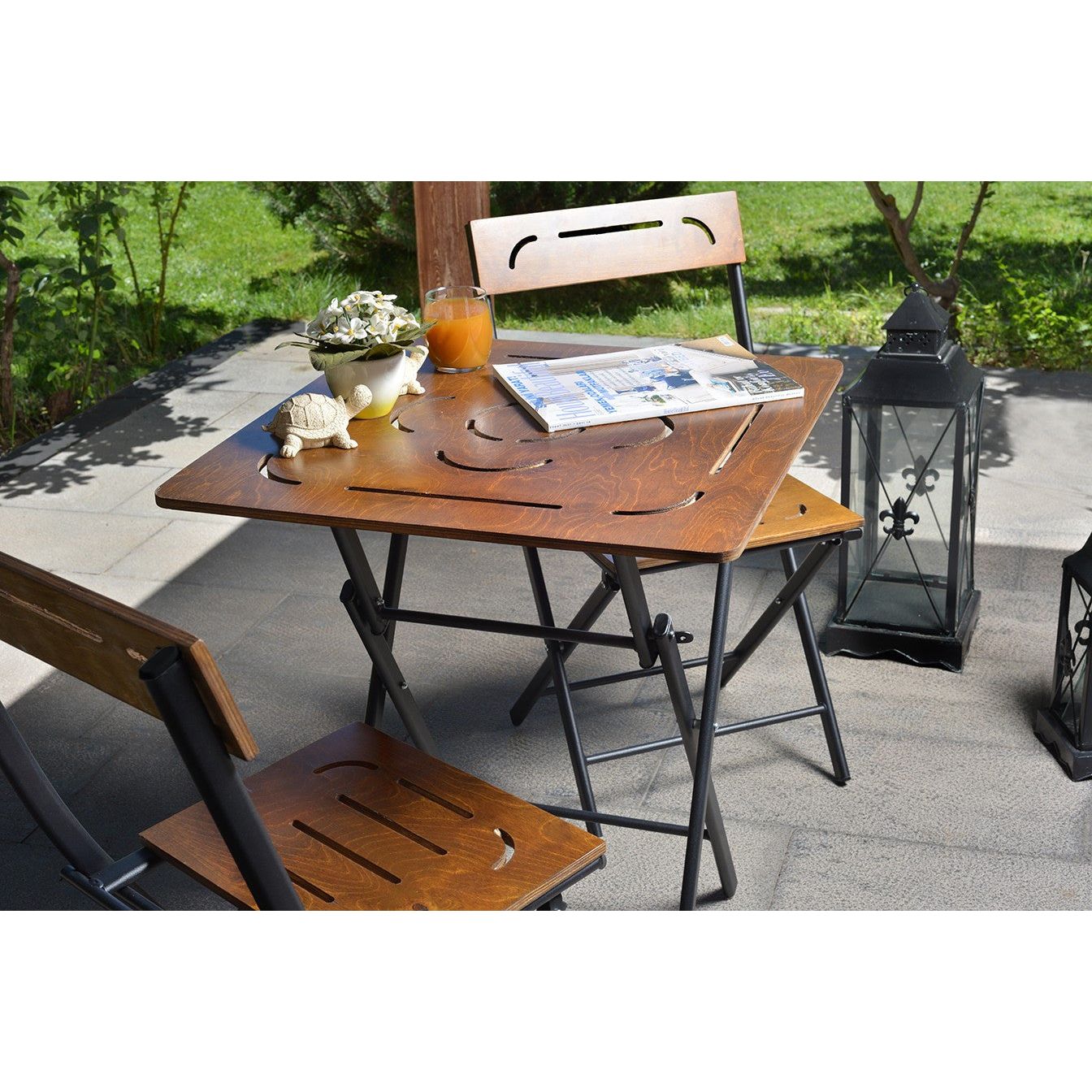 Set masa si scaune 379VLV1503, metal, nuc/negru, 60x73x60 cm