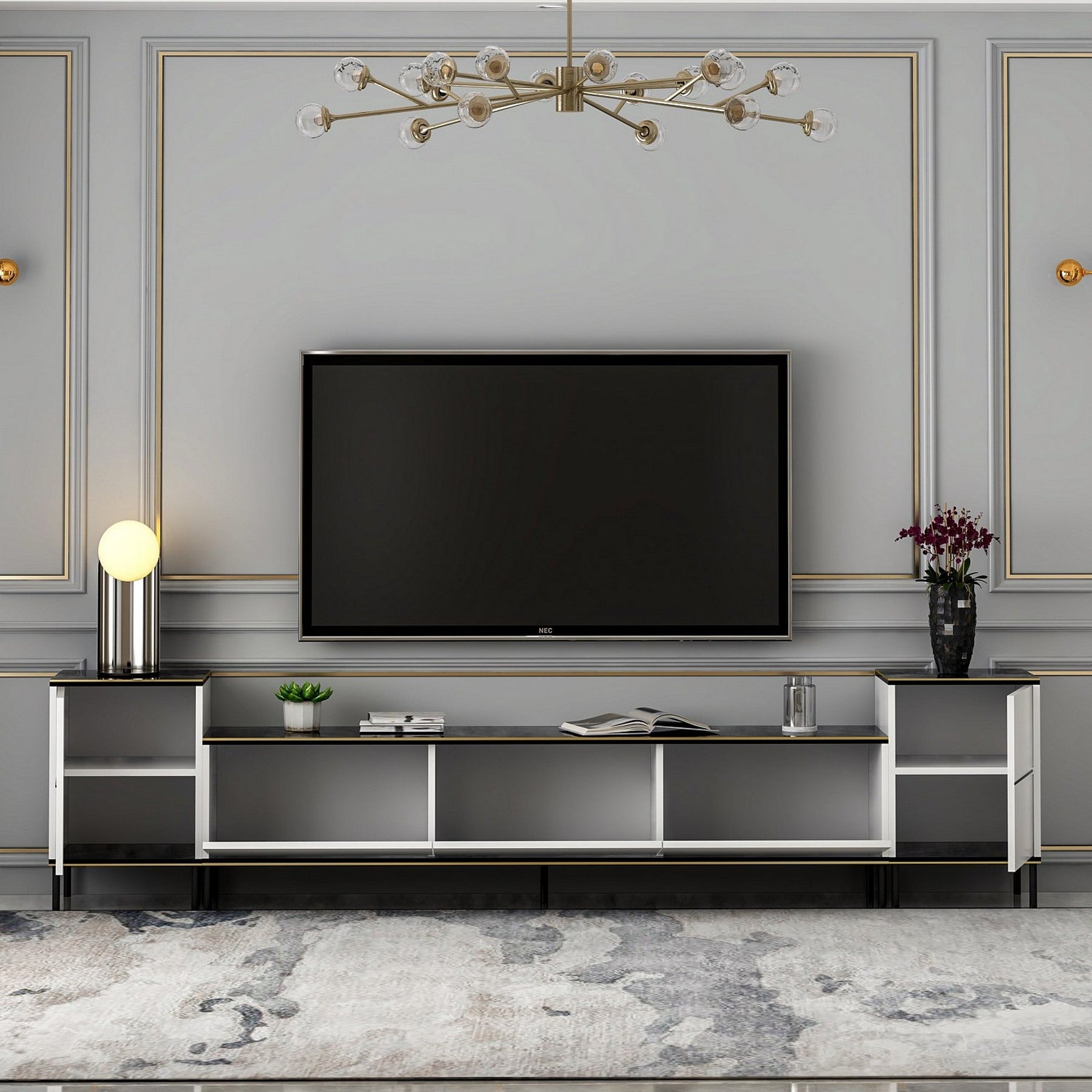Comoda TV IMAJ, alb/negru, PAL melaminat, 180x35x42 cm