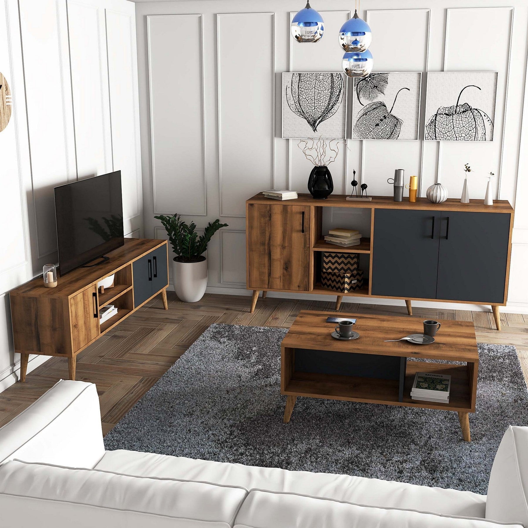 Set mobila living 389MZA2119, 3 piese, nuc/gri antracit, PAL melaminat
