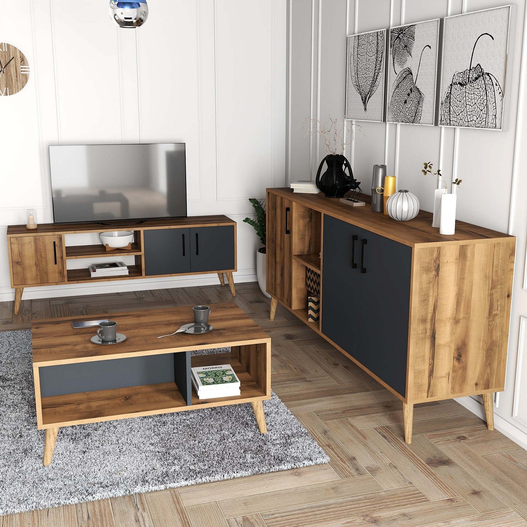 Set mobila living 389MZA2119, 3 piese, nuc/gri antracit, PAL melaminat