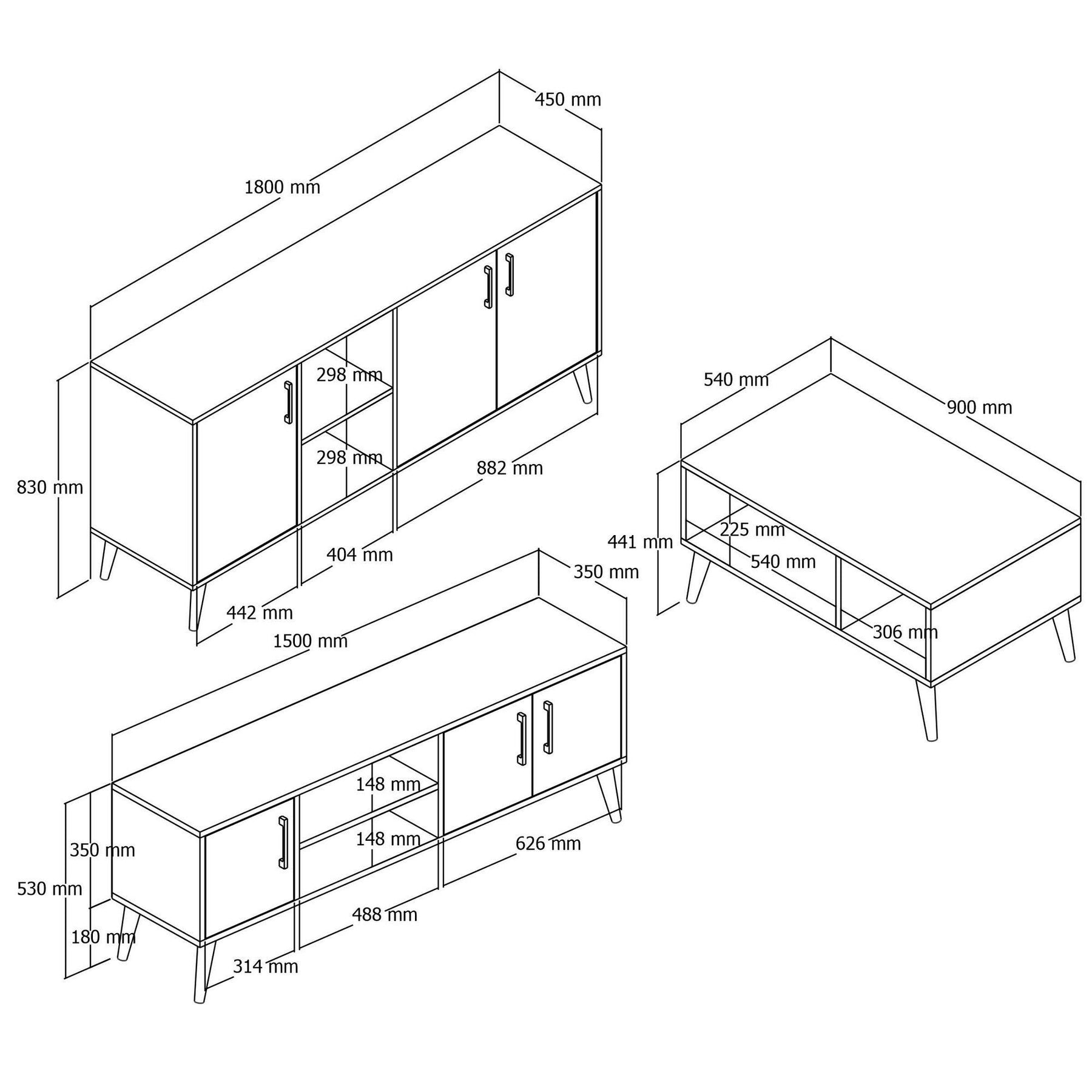 Set mobila living 389MZA2119, 3 piese, nuc/gri antracit, PAL melaminat