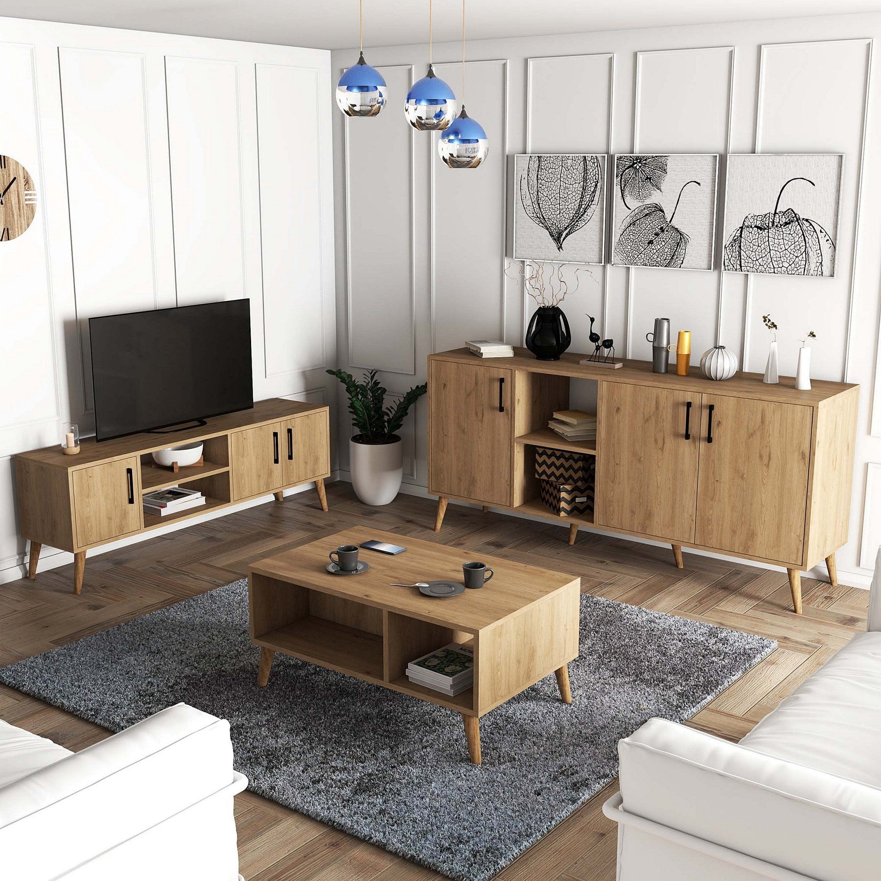 Set mobila living 389MZA2122, 3 piese, stejar, PAL melaminat