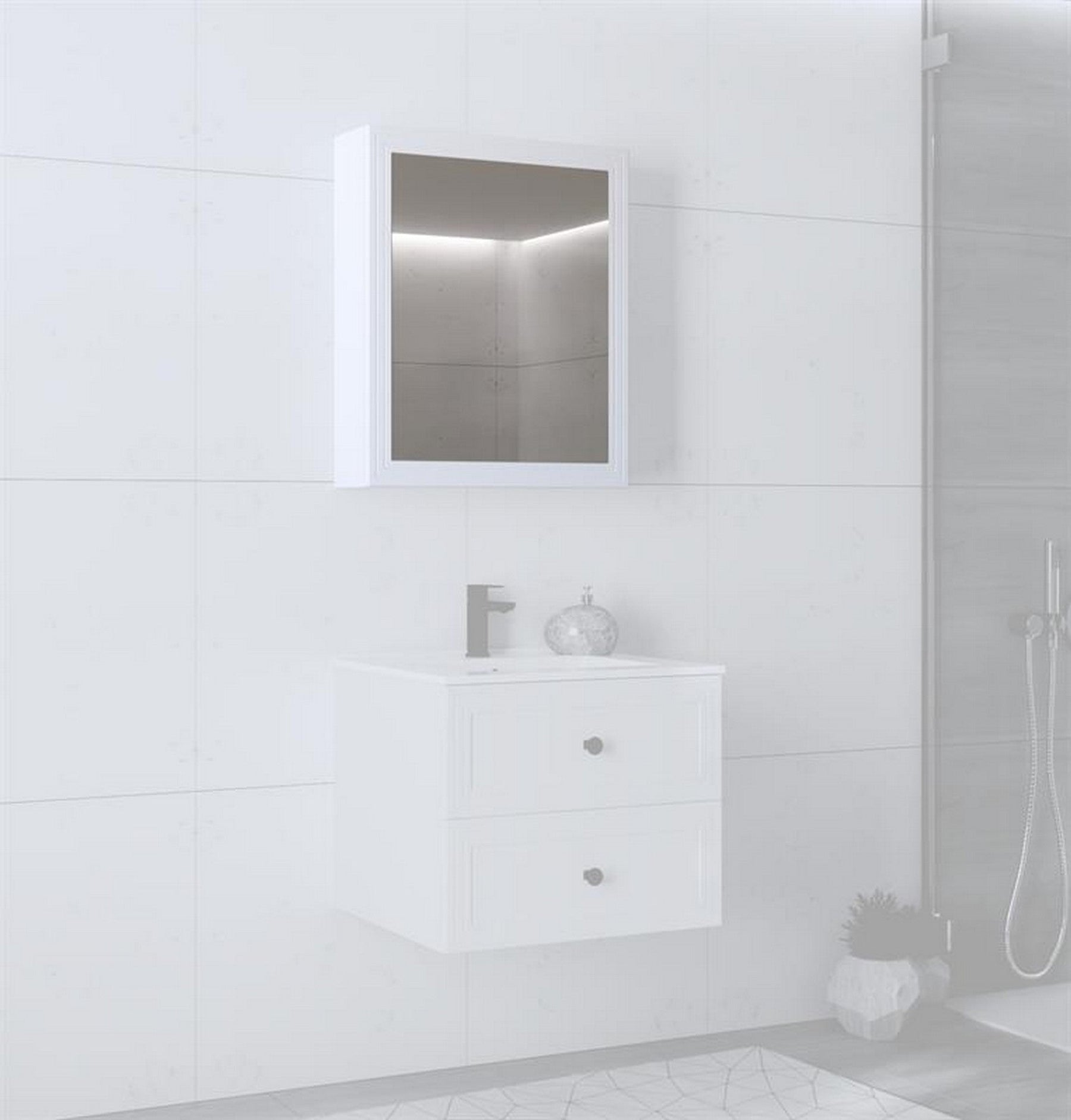 Dulap baie TORETO, alb mat, PAL laminat, cu oglinda, 60x15x70 cm