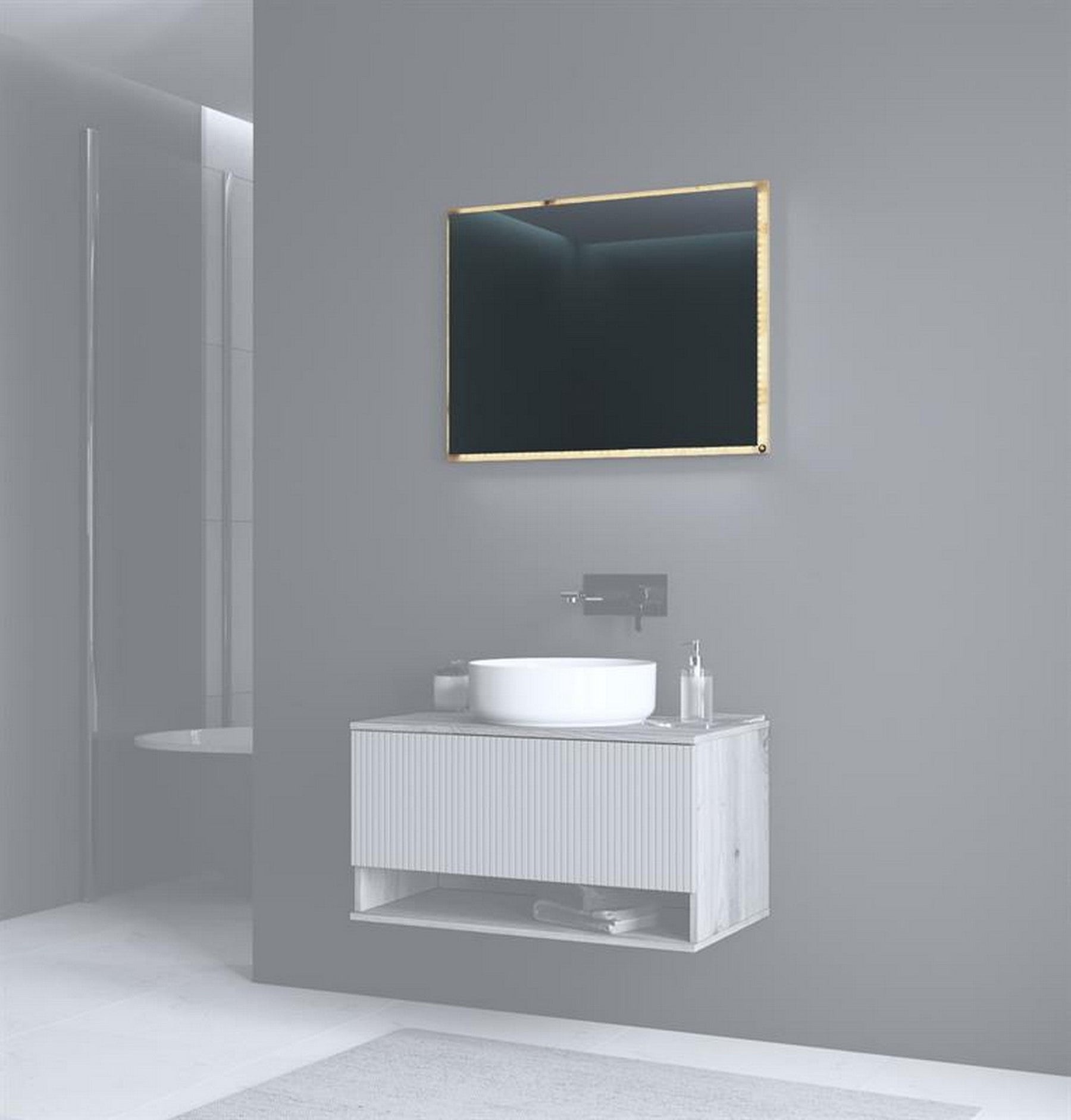 Oglinda de baie AVIOLA, stejar artisan, PAL laminat, cu iluminare led, 80x60 cm