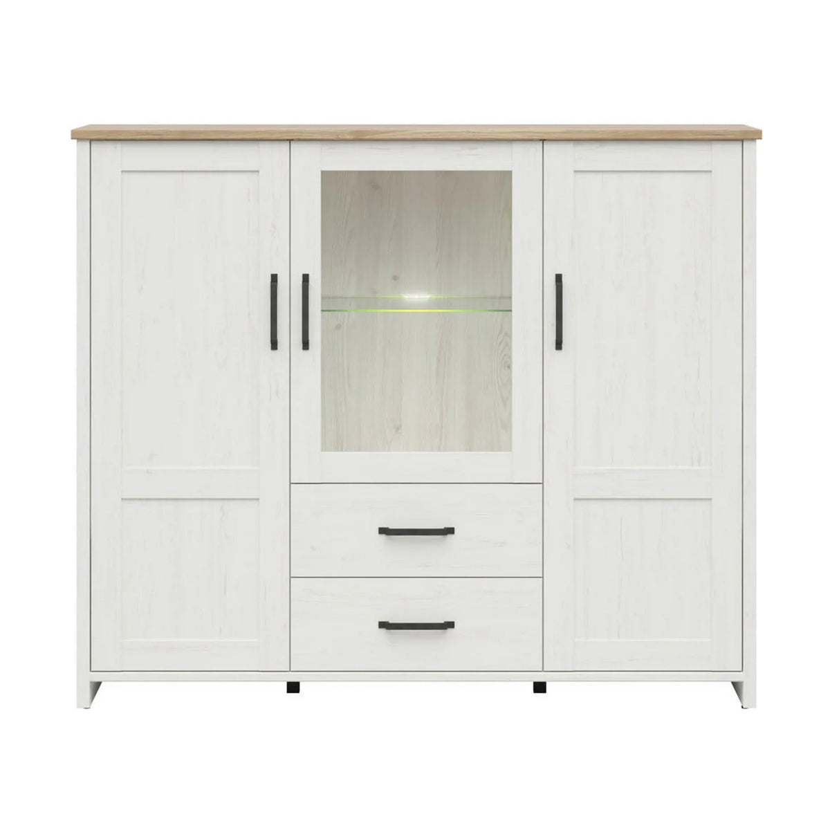 Vitrina LOKSA, alb/stejar, PAL laminat/sticla, cu iluminare LED, 160x43x135 cm