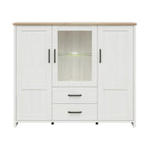 Vitrina LOKSA, alb/stejar, PAL laminat/sticla, cu iluminare LED, 160x43x135 cm