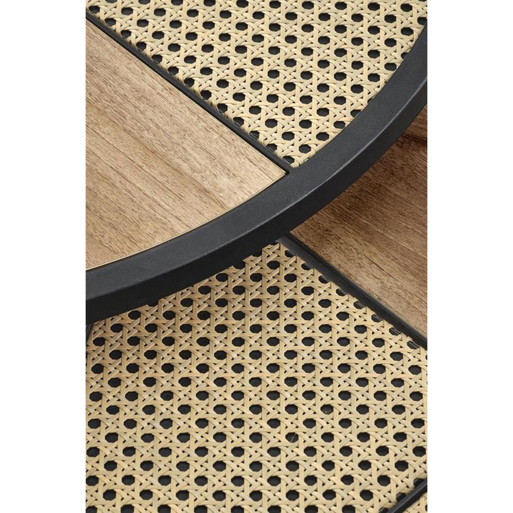 Set 2 masute cafea GARMIN, stejar auriu/negru, ratan sintetic, 70x36 cm si 50x30 cm