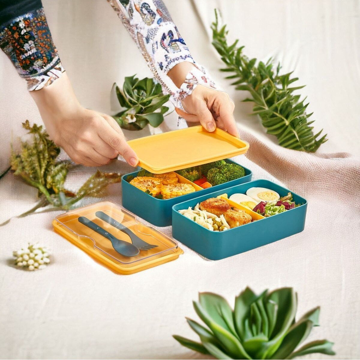 Set 2 cutii pranz EM-1003-S, albastru/galben, plastic, 19x11x5 cm