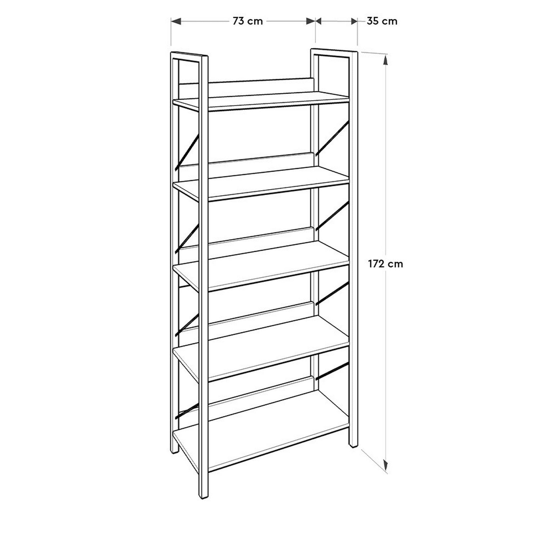 Biblioteca 479ADR1304, stejar/negru, PAL melaminat/metal, 73x35x172 cm
