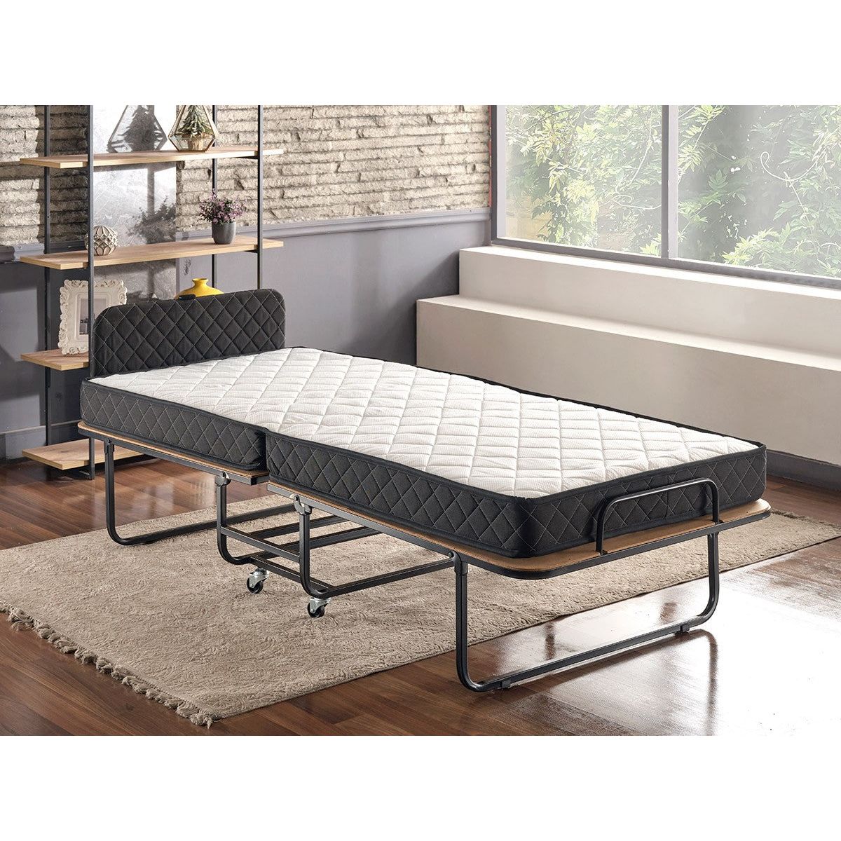 Pat pliabil XL Katlanir, rama metalica/placaj, negru, 90x41x121 cm, saltea inclusa