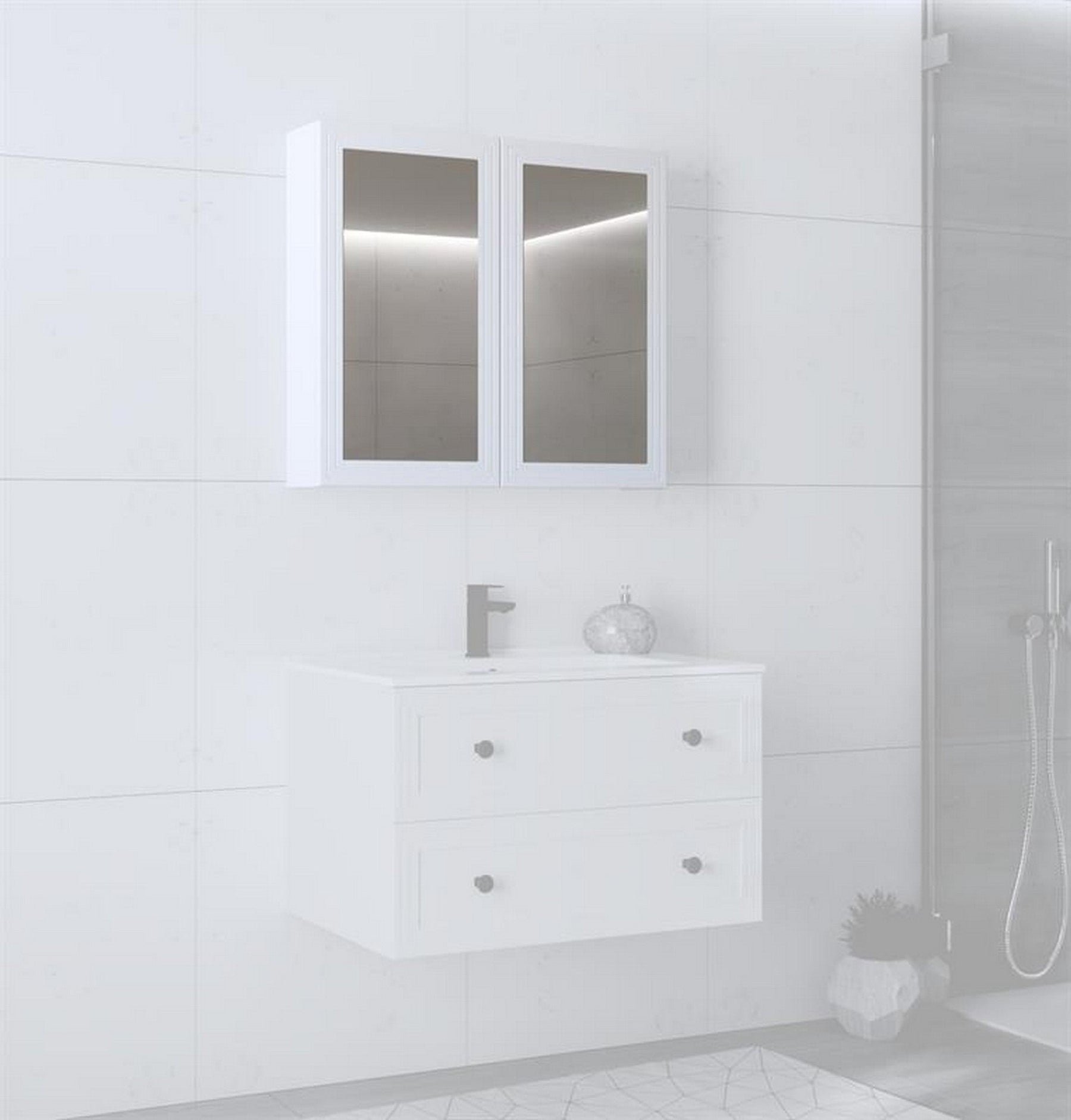 Dulap baie TORETO, alb mat, PAL laminat, cu oglinzi, 80x15x70 cm