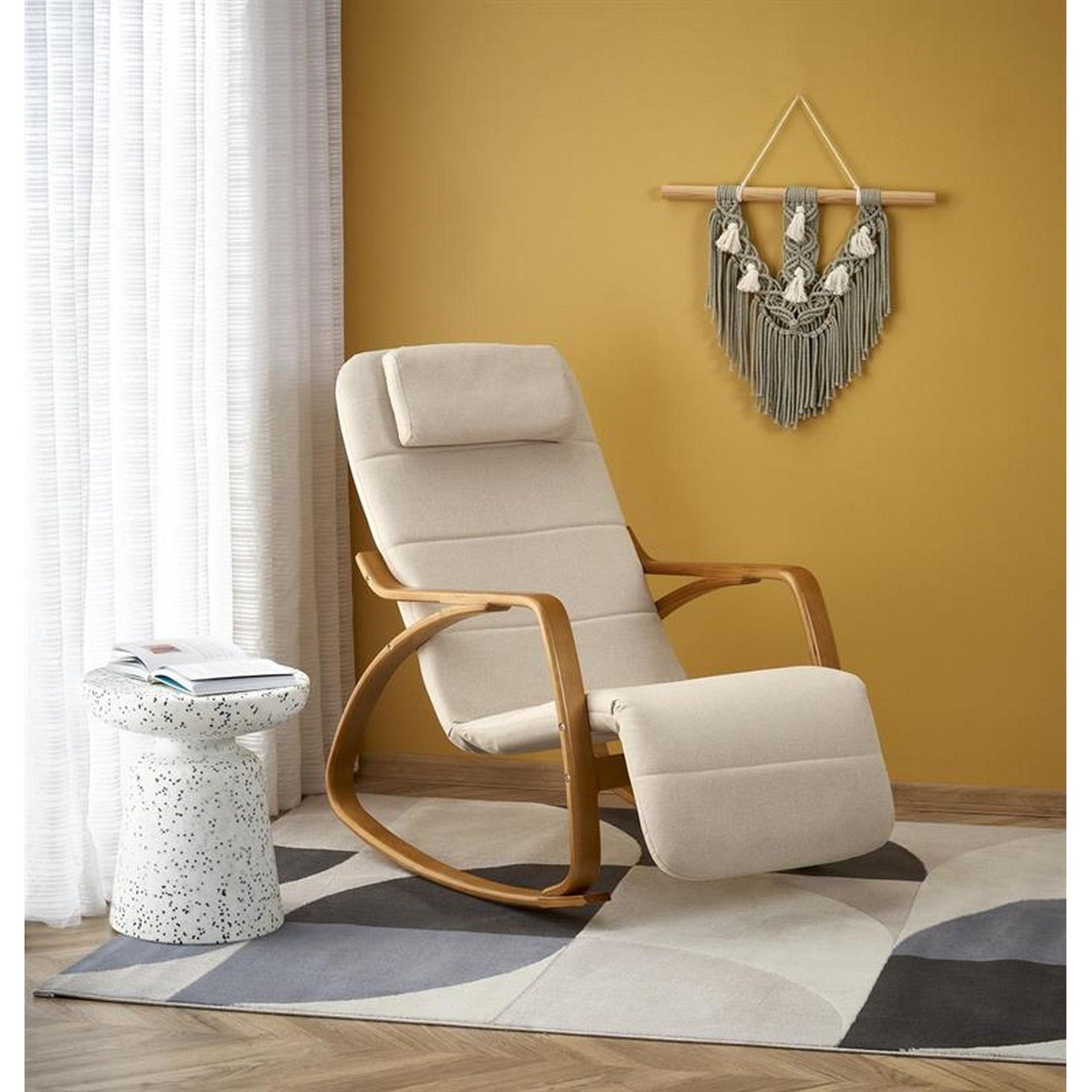 Fotoliu relaxare PRIME, bej, stofa/lemn masiv, 58x93x100 cm