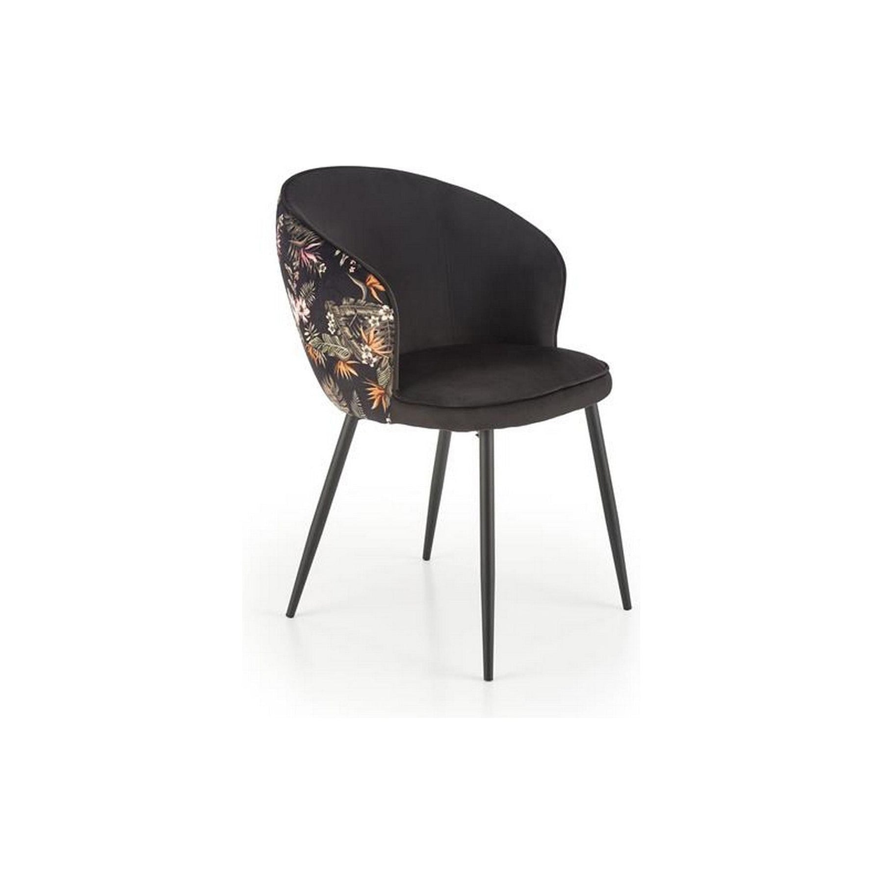 Scaun tapitat K506, negru, cu imprimeu floral, stofa catifelata, 55x60x82 cm