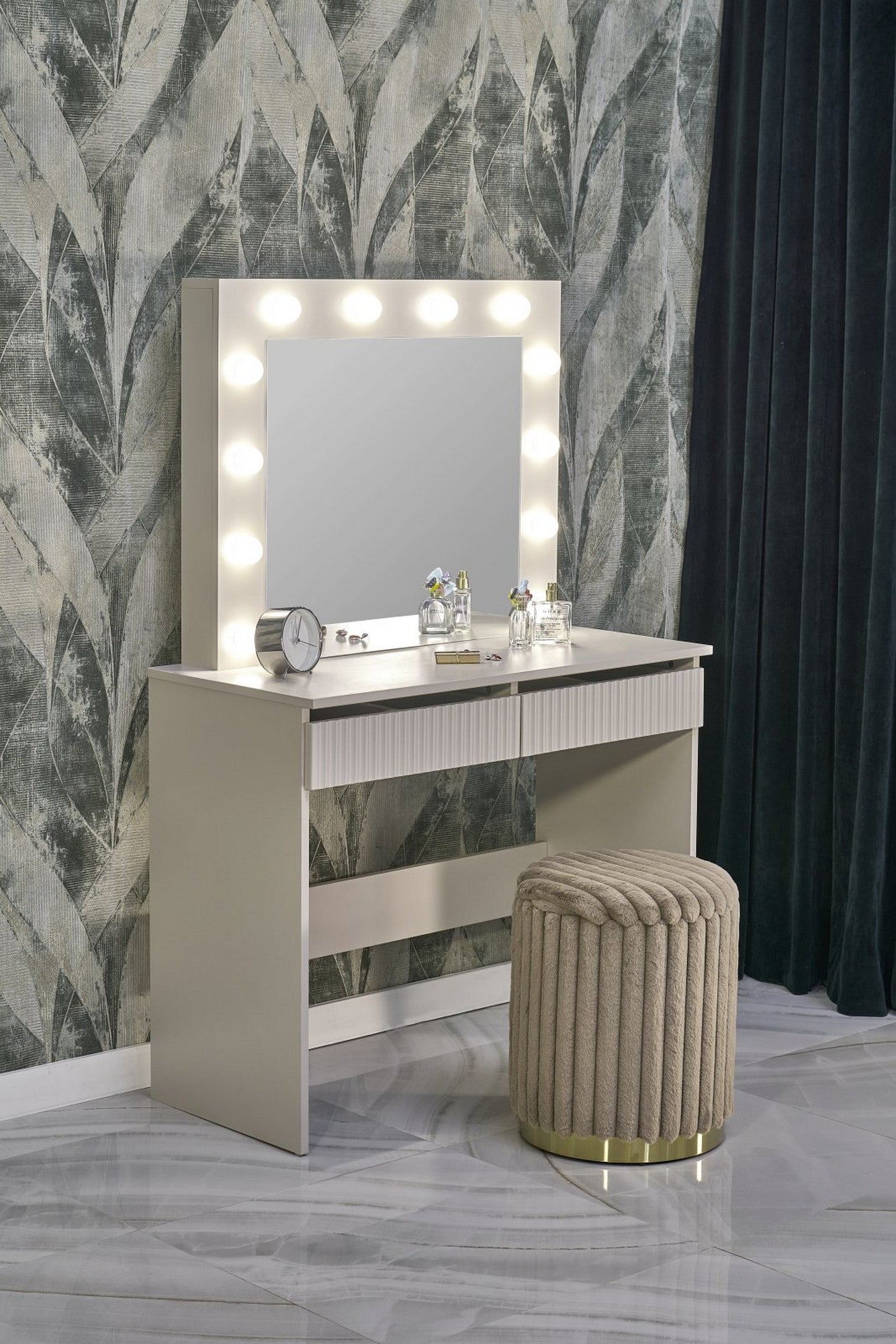 Masa de toaleta HOLLYWOOD 2, casmir, PAL laminat, cu oglinda si iluminare LED, 94x43x140 cm