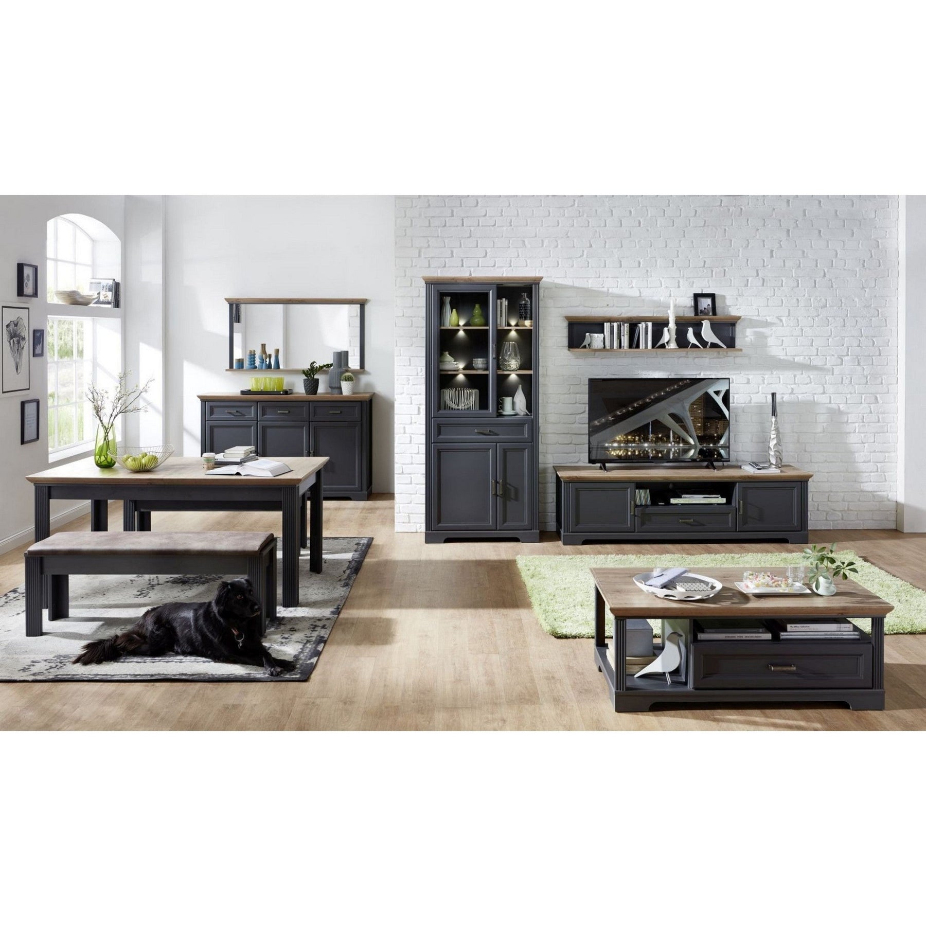 Vitrina JASMIN, gri grafit/stejar artisan, PAL/sticla, cu iluminare LED, 93x42x204 cm