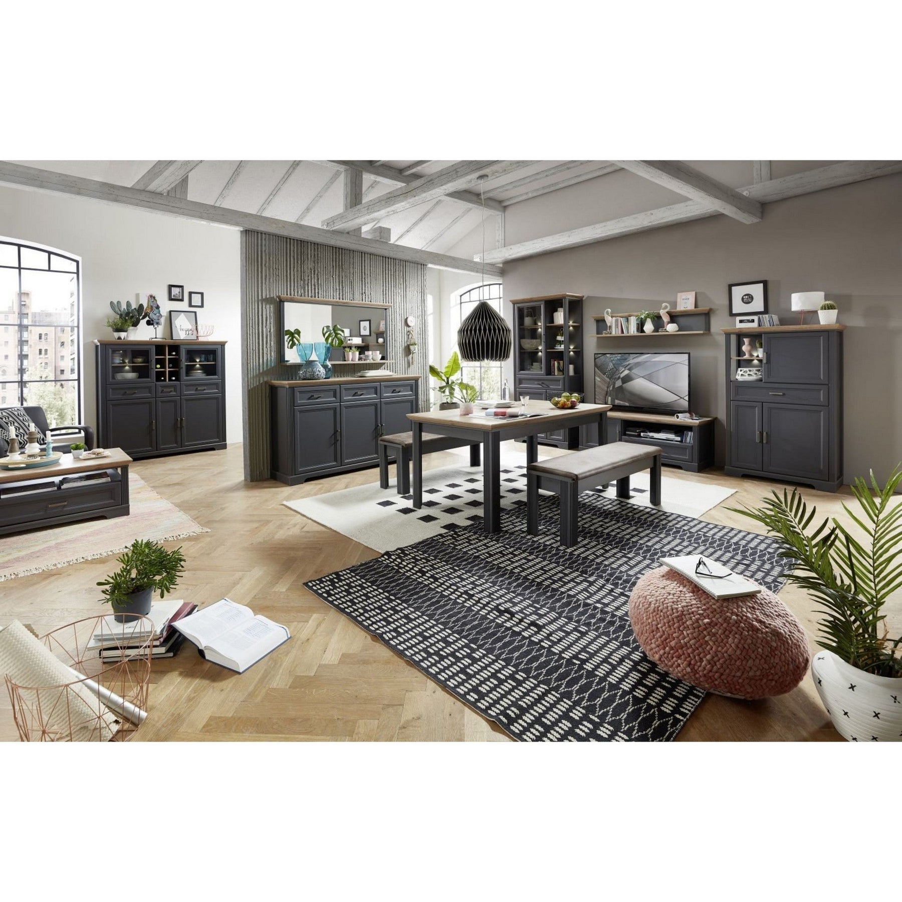 Vitrina JASMIN, gri grafit/stejar artisan, PAL/sticla, cu iluminare LED, 143x42x150 cm