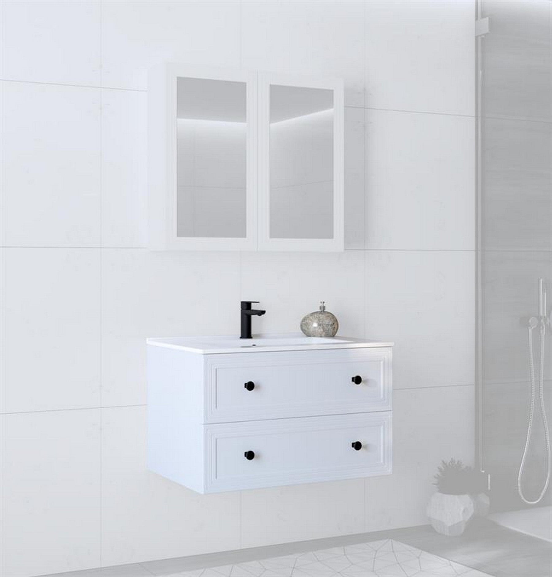 Dulap baie suspendat TORETO, alb mat, PAL laminat, cu 2 sertare, 80x45x46 cm