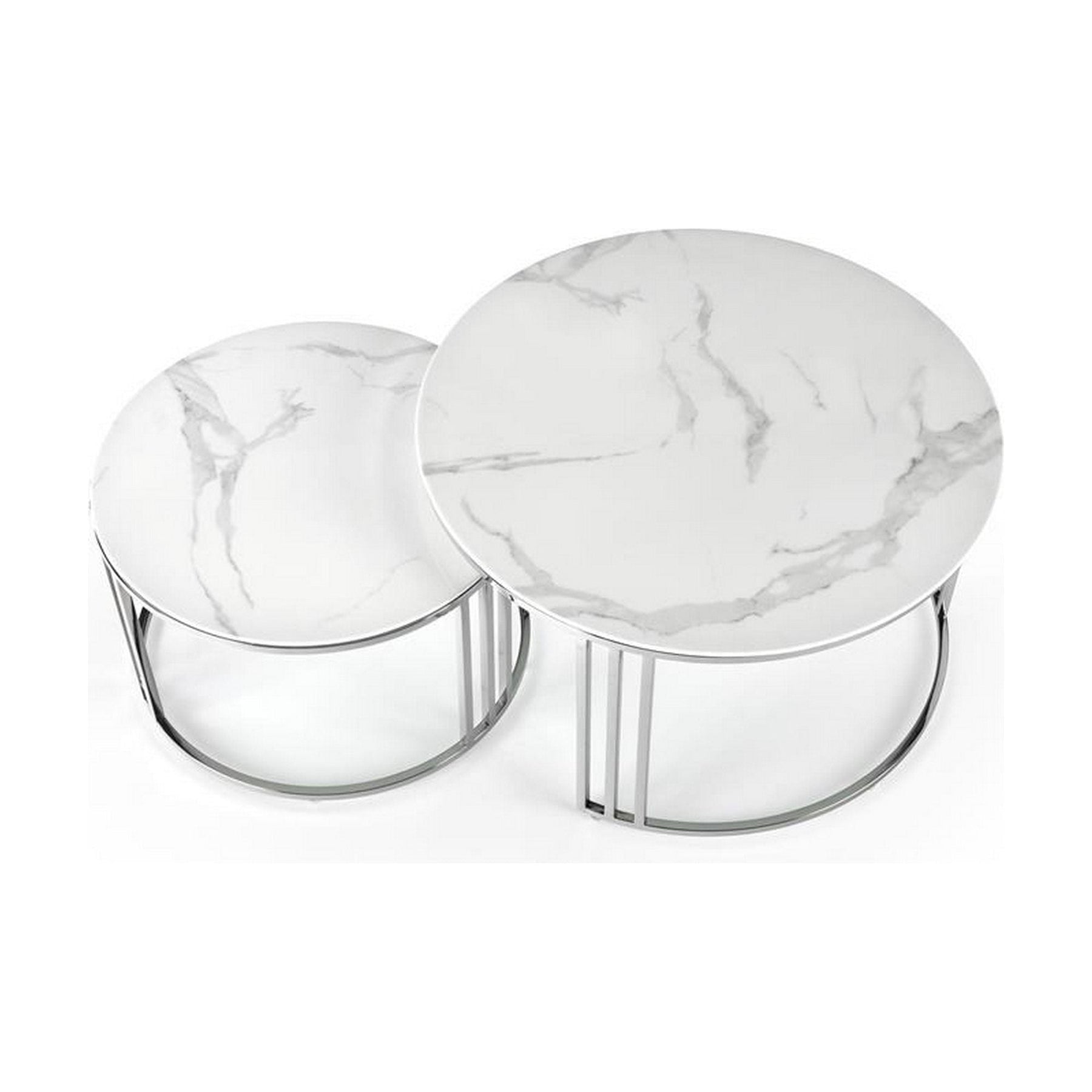 Set 2 masute de cafea MERCURY 2, alb/argintiu, sticla/otel, 80/45x60/38 cm