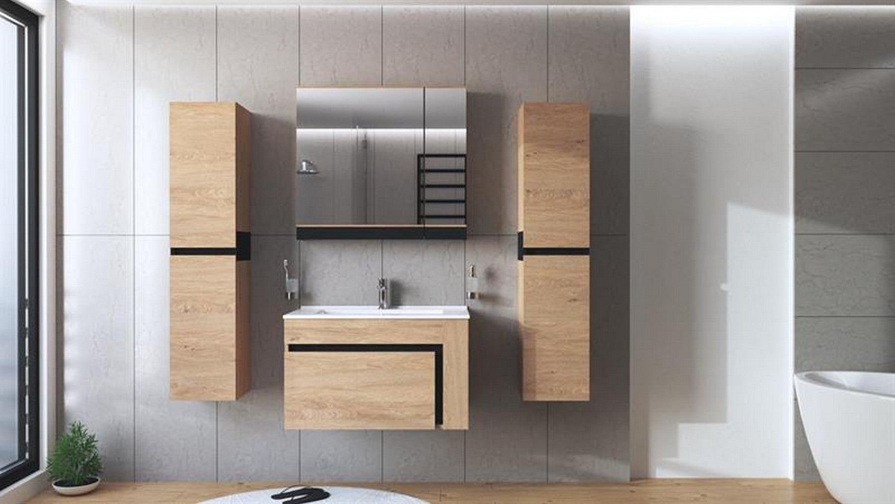 Dulap baie suspendat DUESA, stejar auriu/negru, PAL laminat, cu un sertar, pentru lavoar, 80x45x47 cm