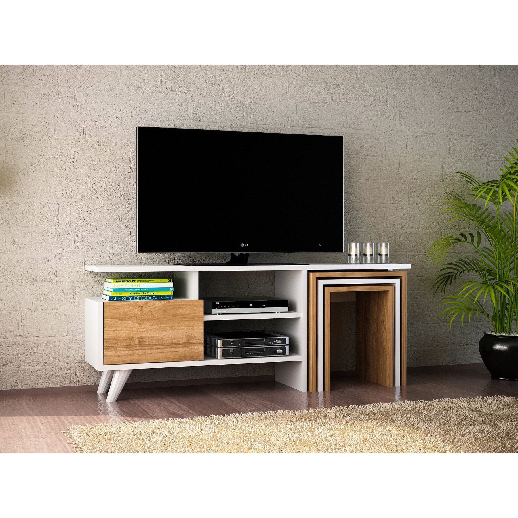 Comoda TV Nature, 100% PAL melaminat, alb/nuc, 120x49x30 cm