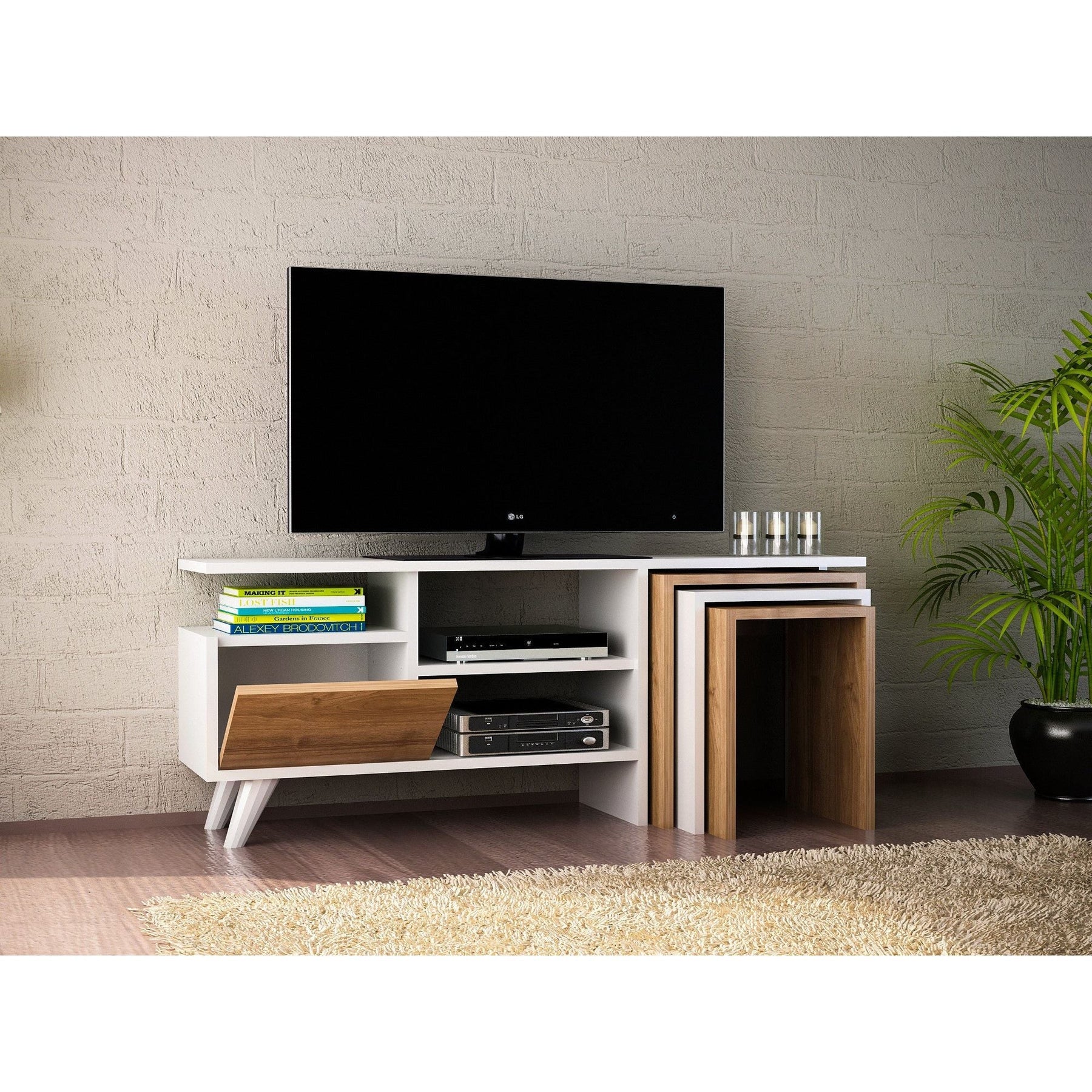 Comoda TV Nature, 100% PAL melaminat, alb/nuc, 120x49x30 cm