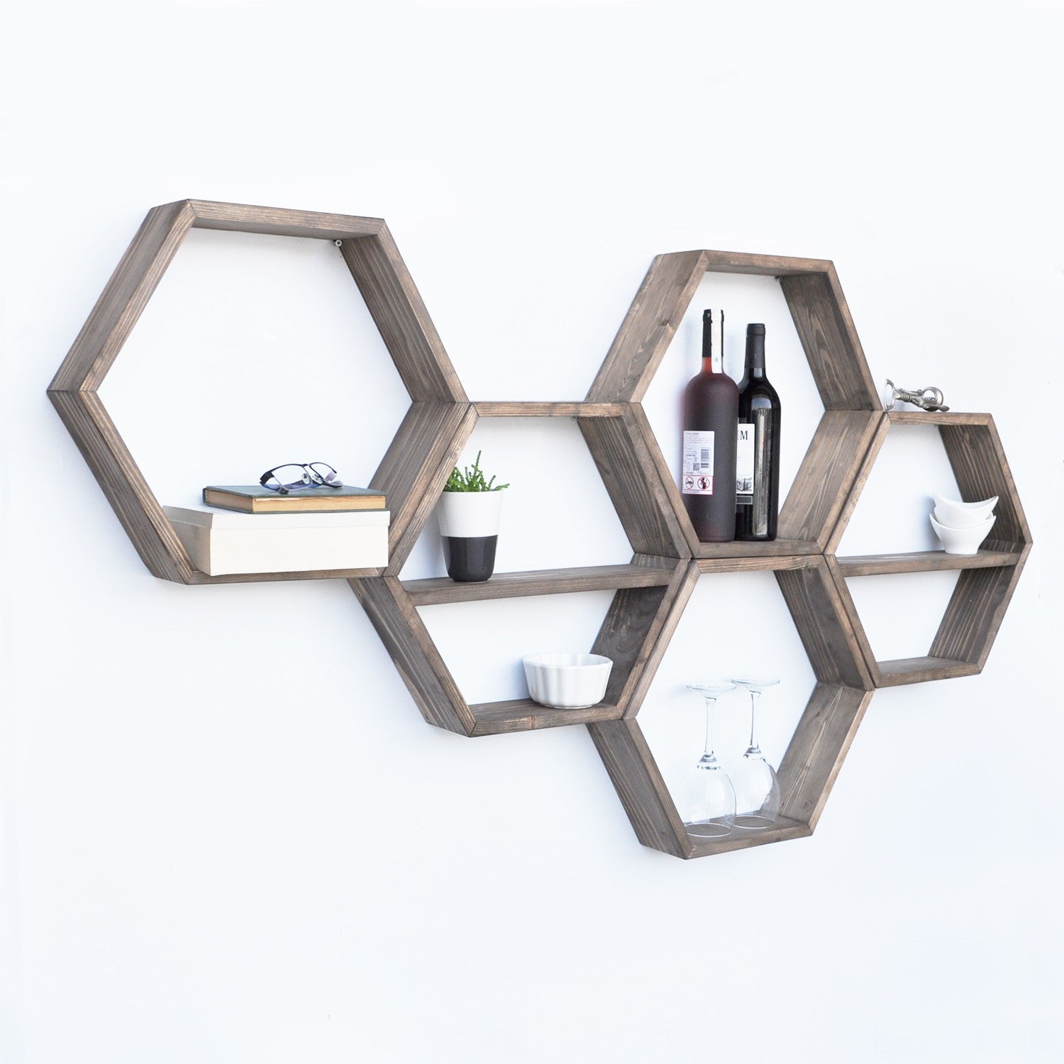 Set 5 rafturi HEX003, maro, lemn, 40x10x40 cm