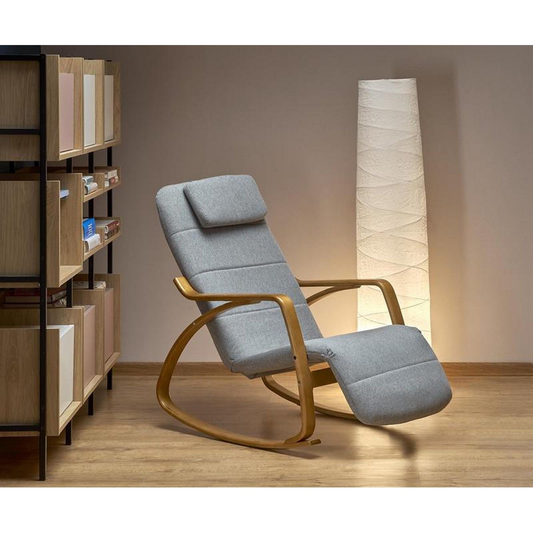 Fotoliu relaxare PRIME, gri, stofa/lemn masiv, 58x93x100 cm