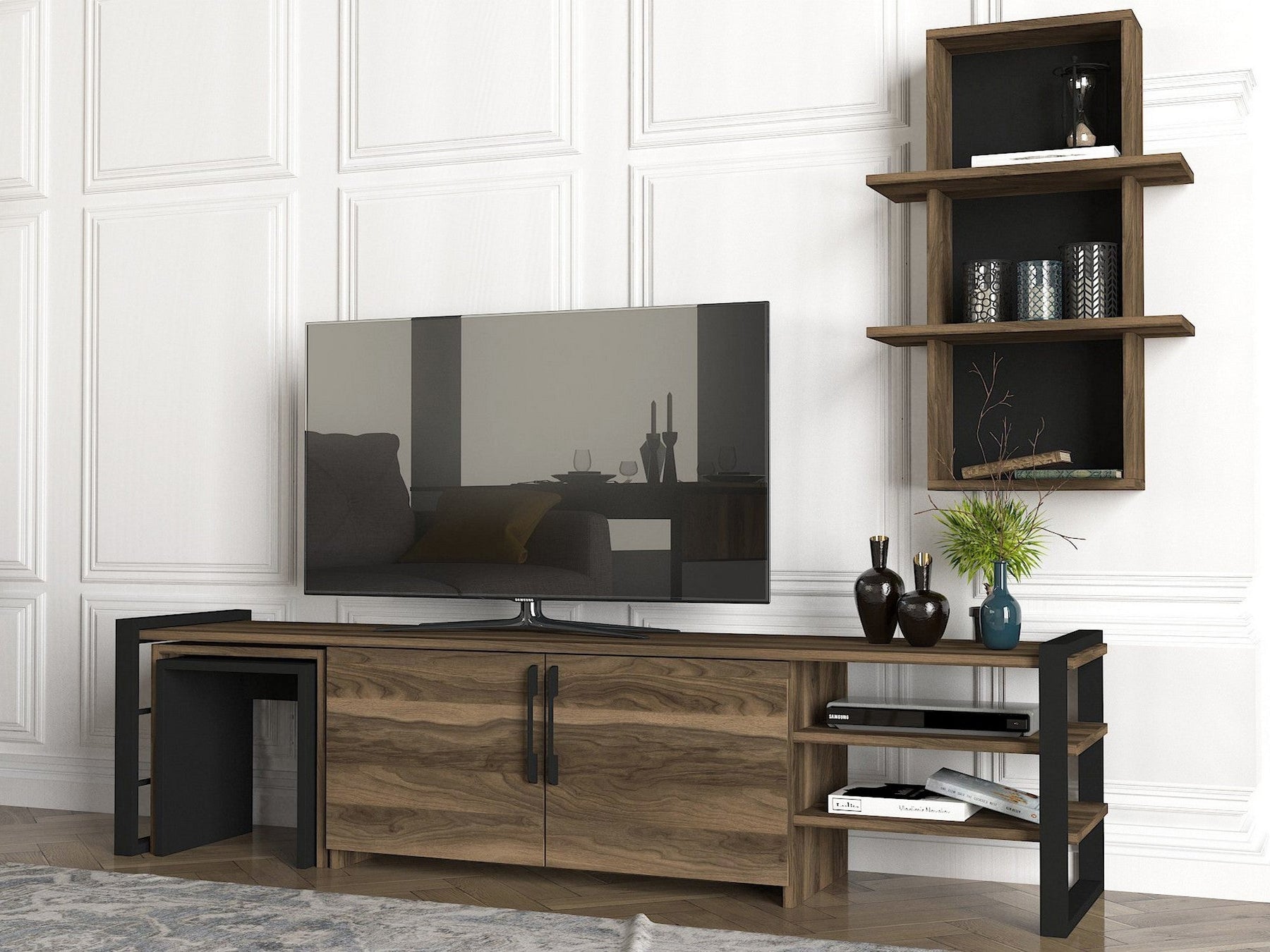 Set comoda TV si raft EPICA, nuc/negru, PAL melaminat