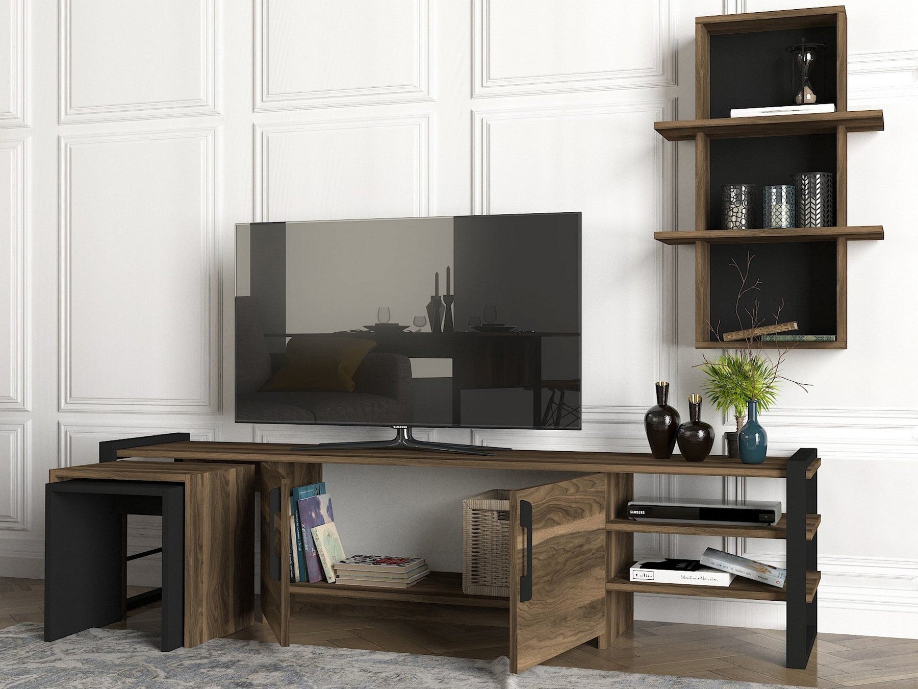 Set comoda TV si raft EPICA, nuc/negru, PAL melaminat