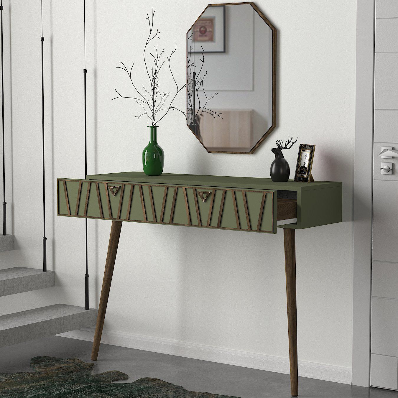 Set consola cu oglinda 804TRH3503, nuc/verde, PAL melaminat, 120x89x35 cm