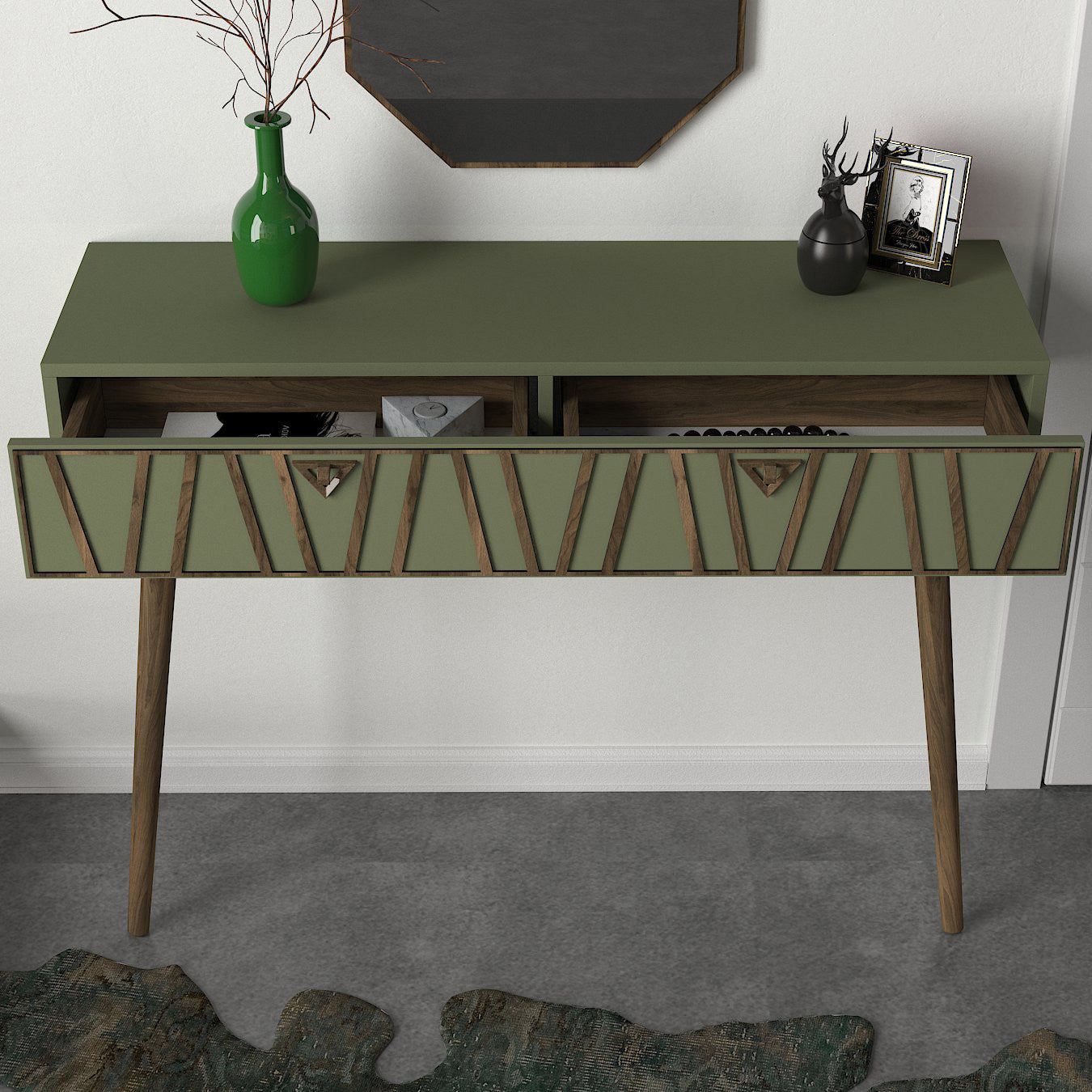 Set consola cu oglinda 804TRH3503, nuc/verde, PAL melaminat, 120x89x35 cm
